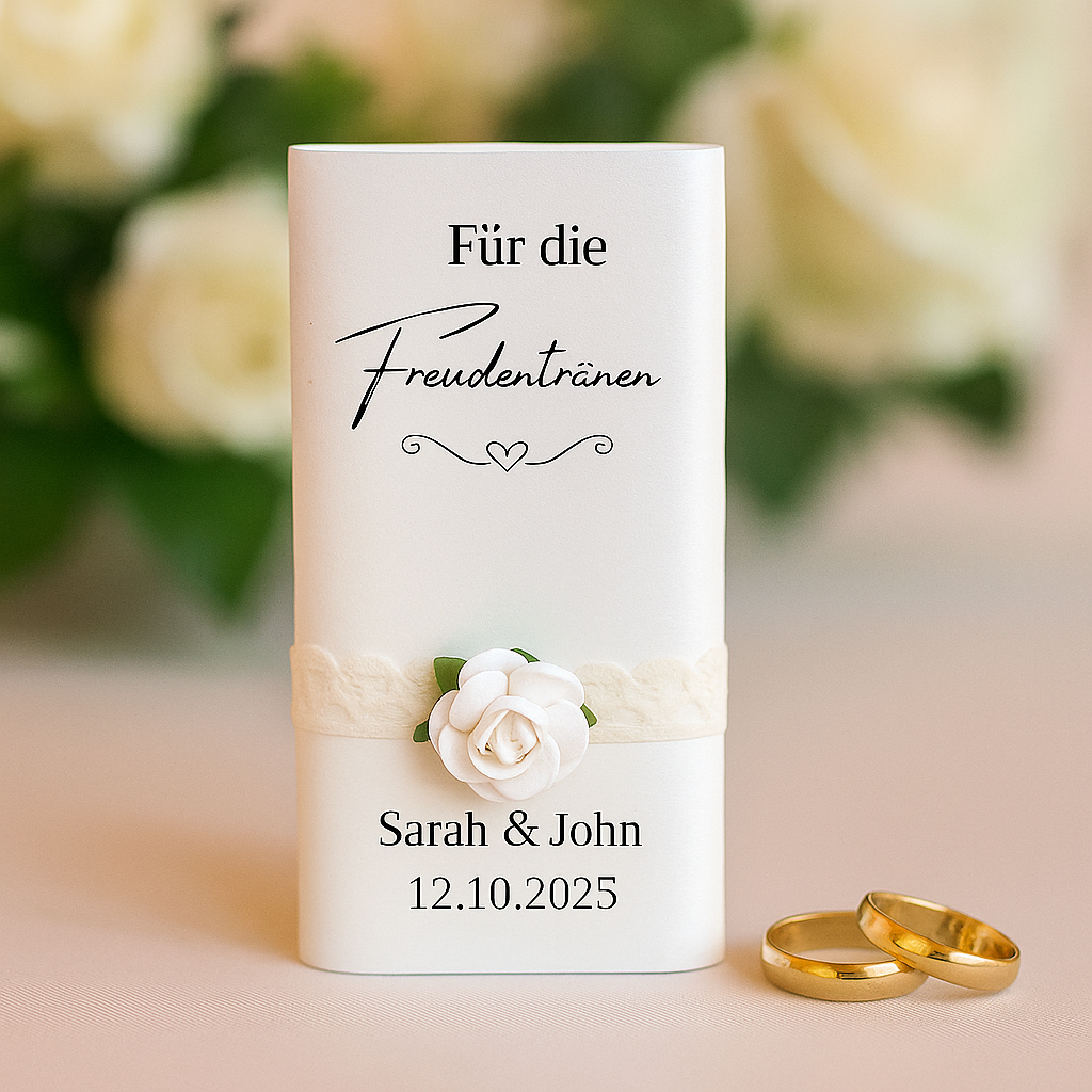 Hochzeitshülle mit drei enthaltenen Taschentüchern mit Spitze und rose