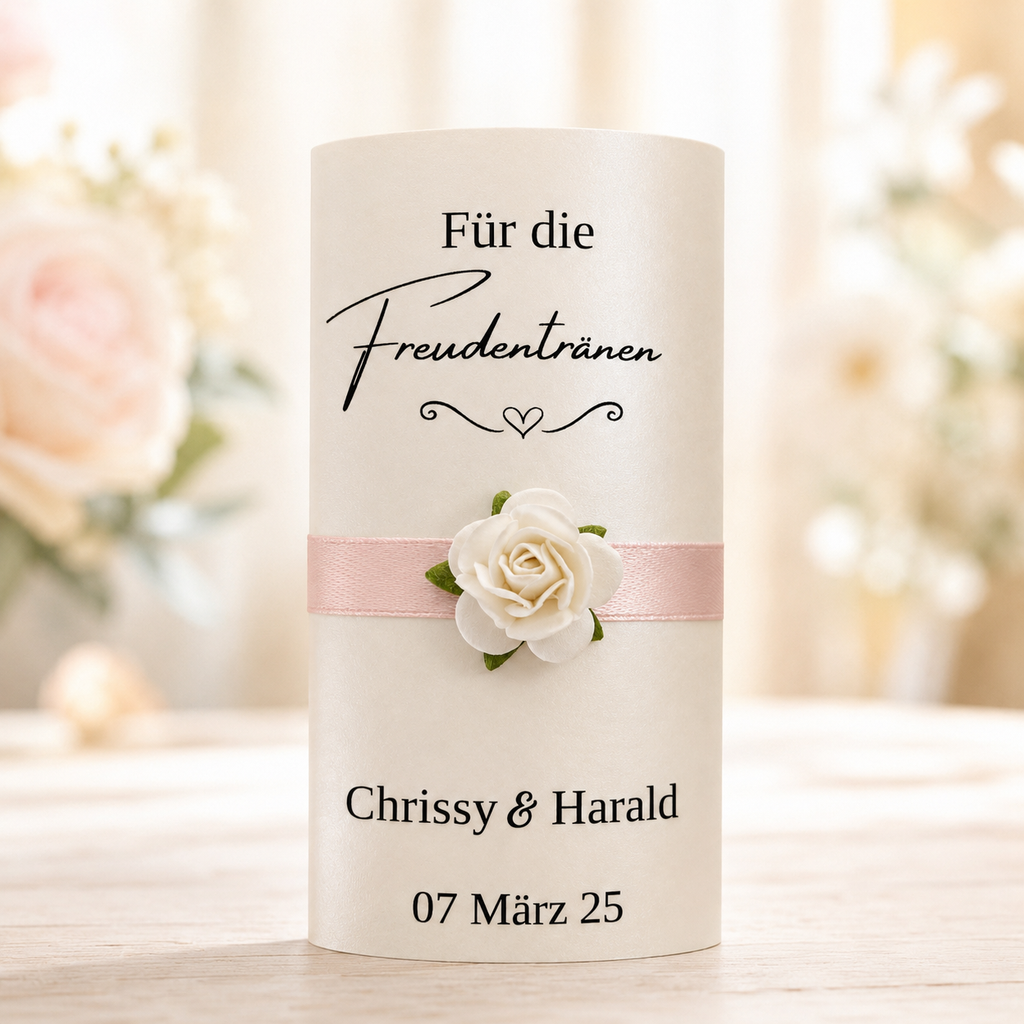 Personalisierte Freudentränen-Taschentücher mit Satinband & Rose