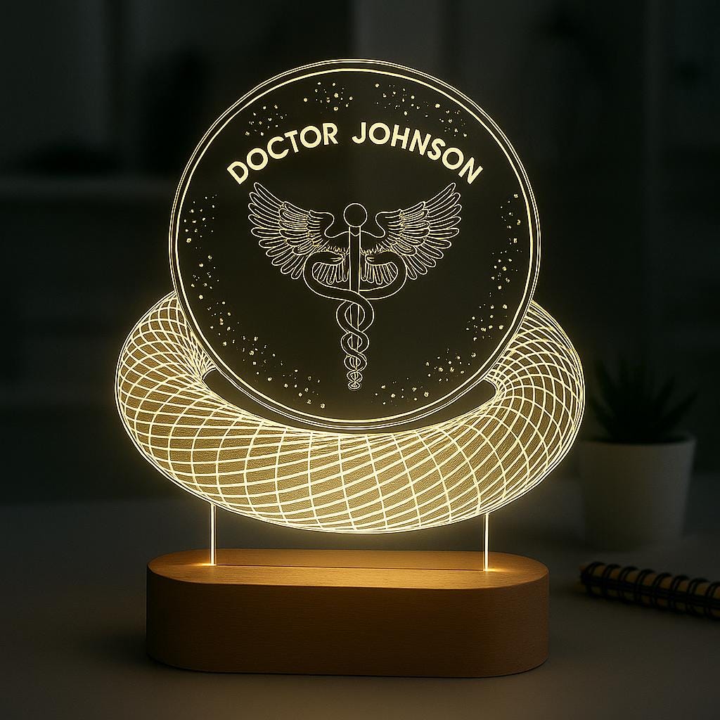 Personalisierte medizinische LED-Lampe als Schreibtischdeko in einer Arztpraxis
