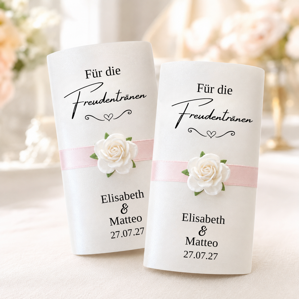 Personalisierte Freudentränen-Taschentücher mit Satinband & Rose