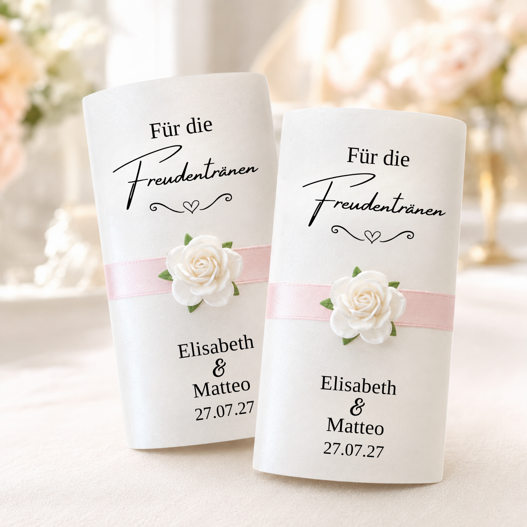 Personalisierte Freudentränen-Taschentücher mit Satinband & Rose