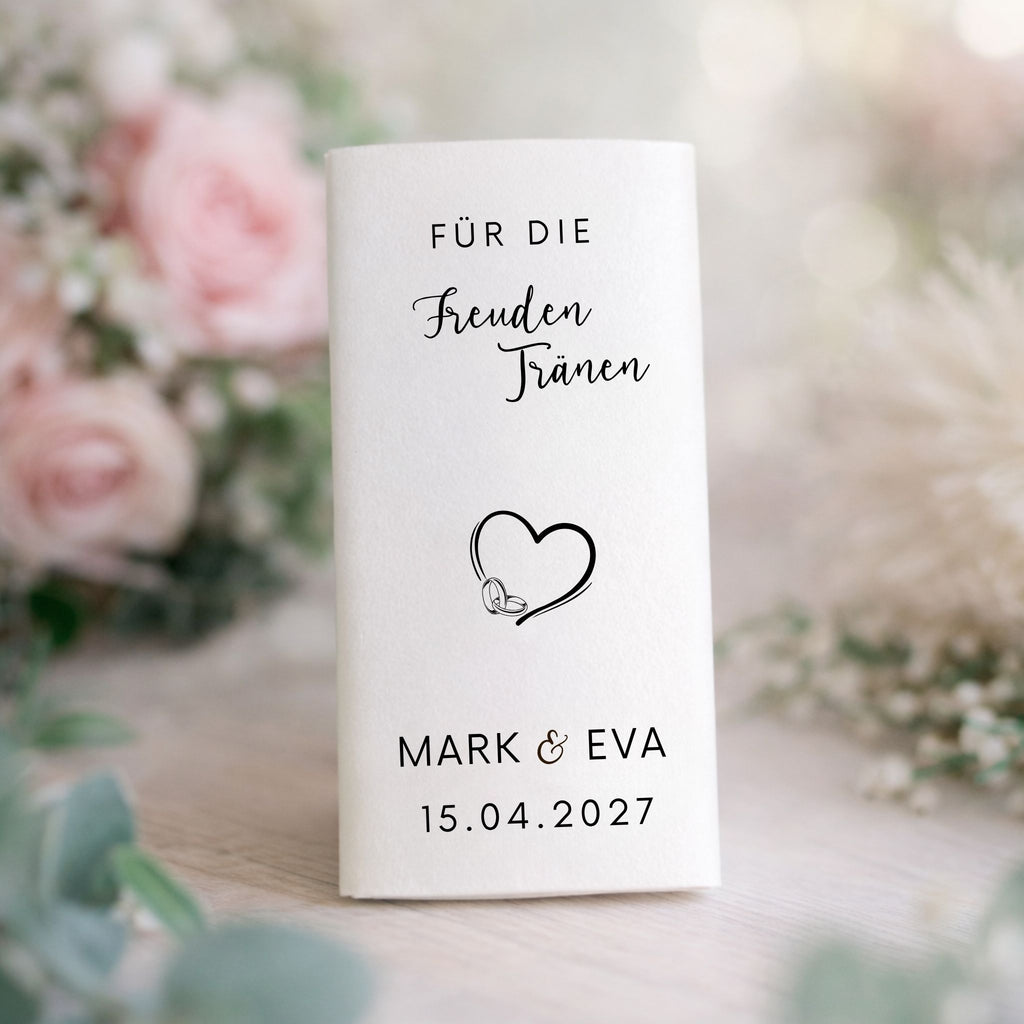 Set personalisierter Freudentränen-Taschentücher für eine Hochzeit