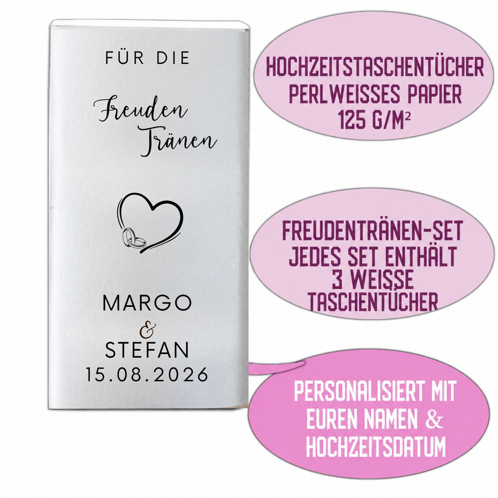 Detail der perlweißen Freudentränen-Taschentuchhülle mit personalisiertem Hochzeitsdatum