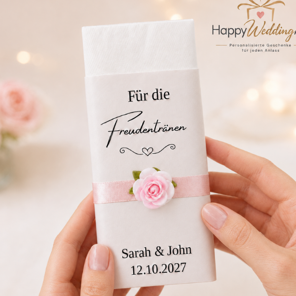 Personalisierte Freudentränen-Banderole zur Hochzeit mit Namen und Datum