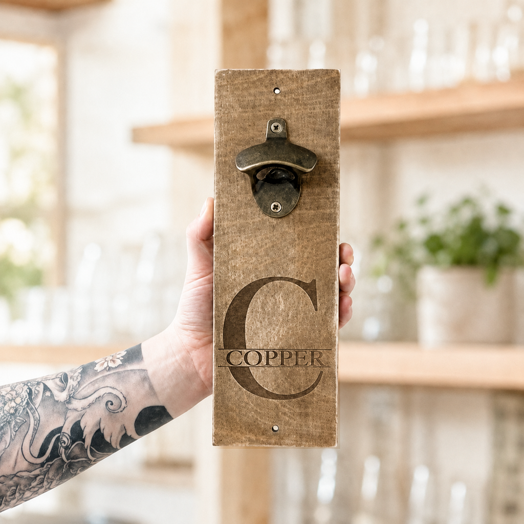 Detailansicht des Metallöffners Holz mit Name