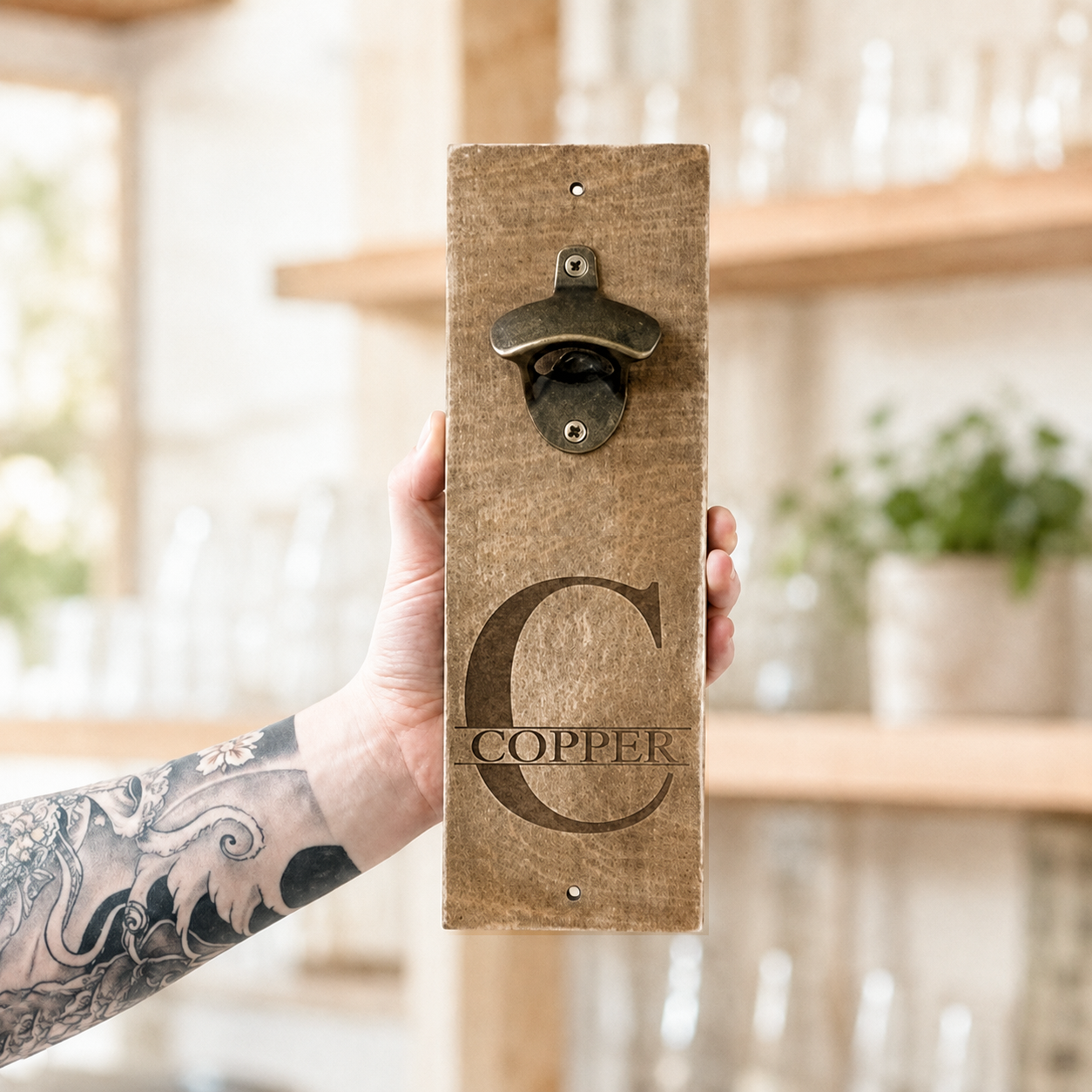 Detailansicht des Metallöffners Holz mit Name