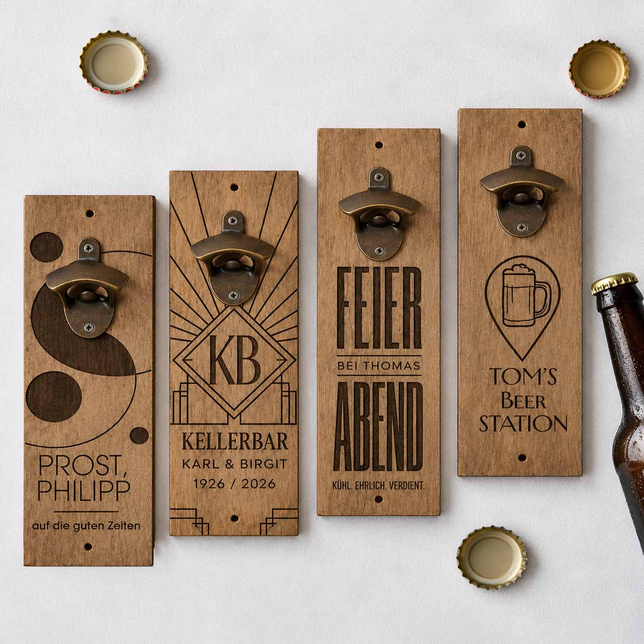 Personalisierter Wand-Flaschenöffner aus Holz mit Gravur