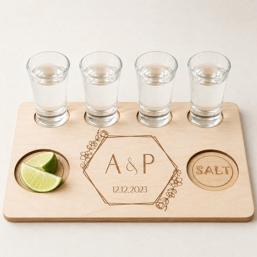 Personalisiertes Tequila-Brett aus Holz mit Gravur, vier Shotgläsern, Limette und Salz