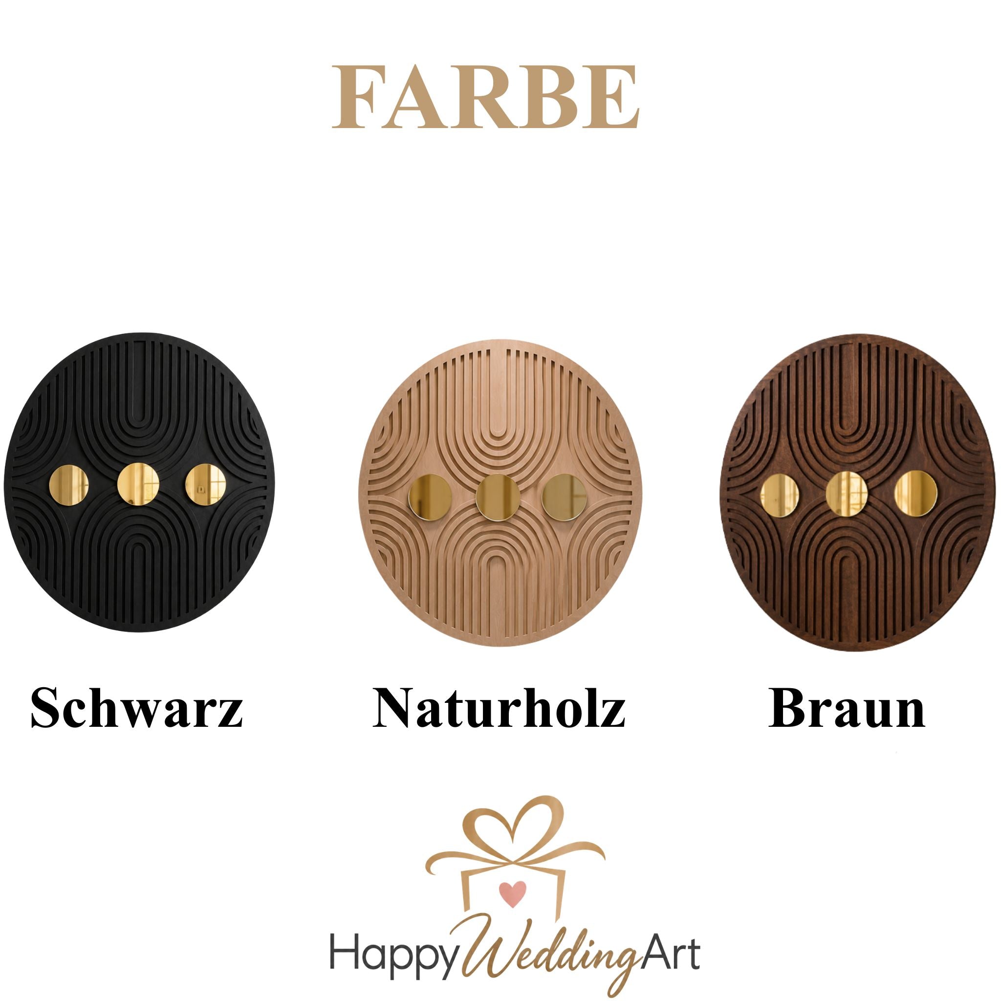 Naturbelassene runde Wanddeko aus Holz mit geometrischem Faren schwary braut naturholz