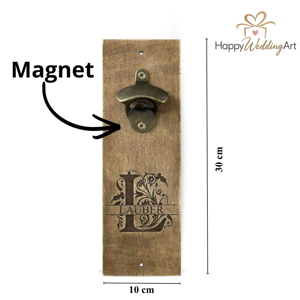 Personalisierter Wand-Flaschenöffner aus Holz mit Name, Initiale und Magnet 30 x 10 x 5 cm