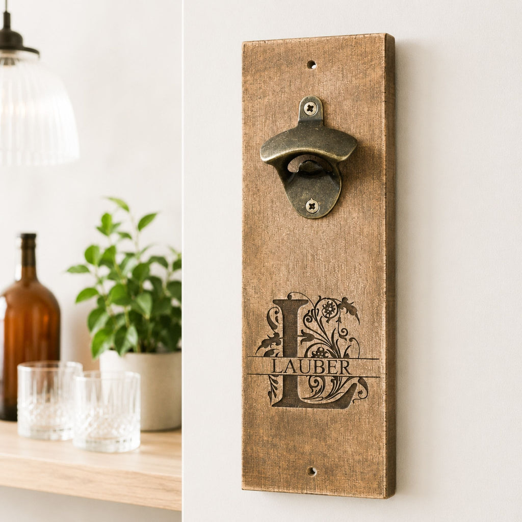 Personalisierter Wand-Flaschenöffner aus Holz mit dem Namen Lauber, gravierter Initiale, Metallöffner und Magnet für Kronkorken