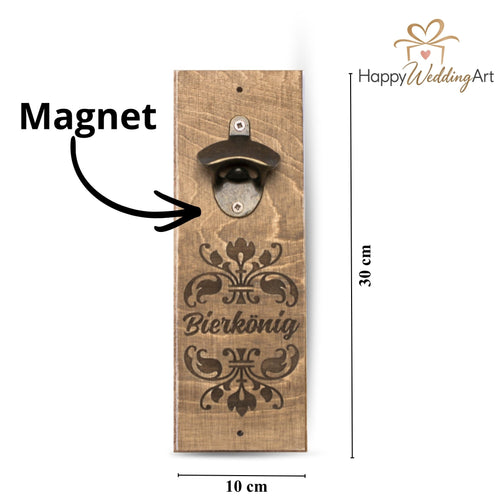 Größenansicht des Bierkönig Wand-Flaschenöffners mit den Maßen 30 × 10 × 5 cm