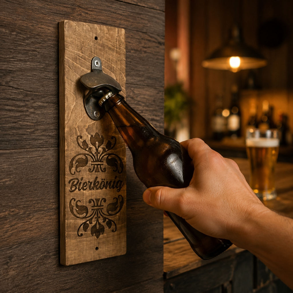 Bierkönig Geschenk Wand-Flaschenöffner aus Holz mit Magnet