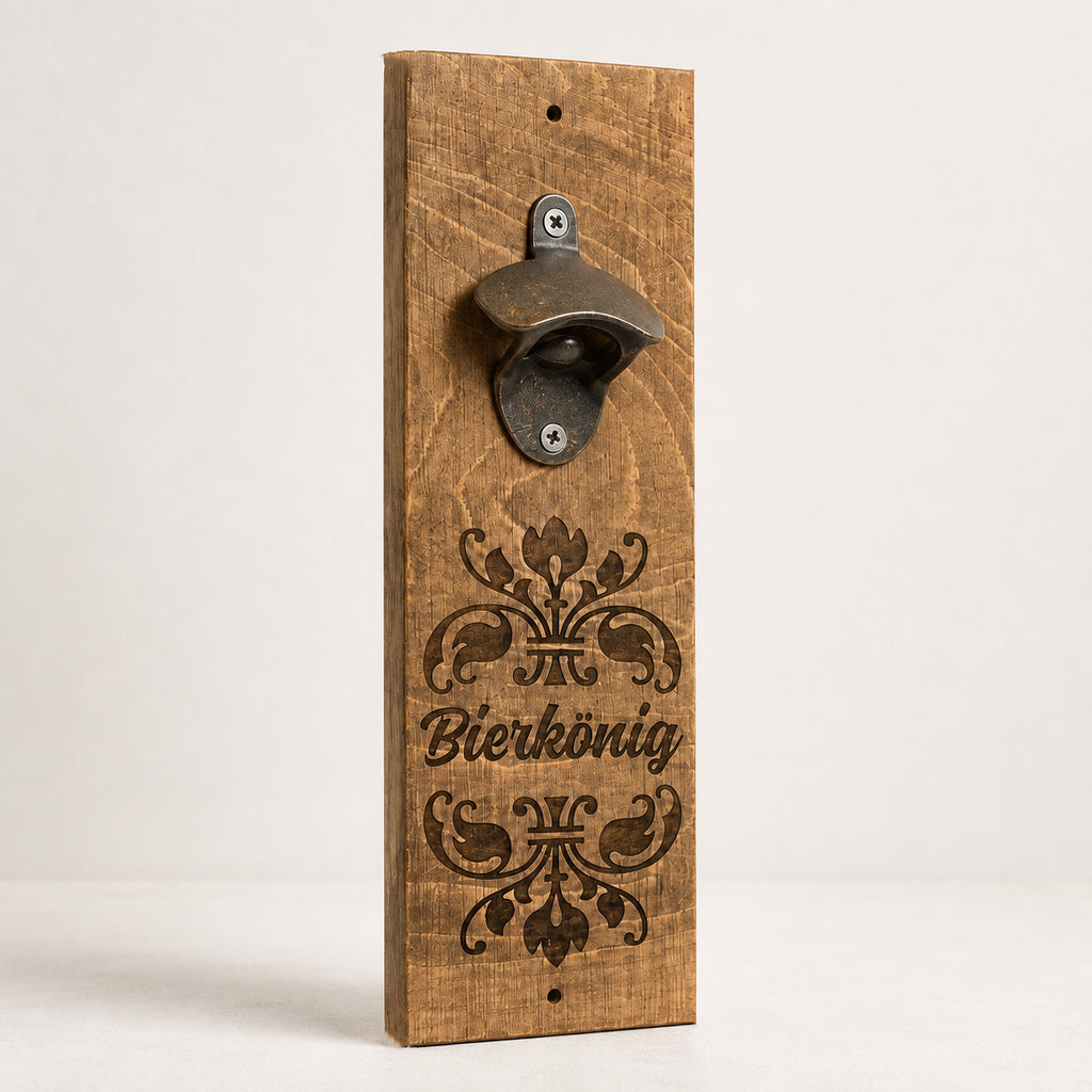 Bierkönig Wand-Flaschenöffner aus braunem Holz mit Metallöffner und Magnet für Kronkorken