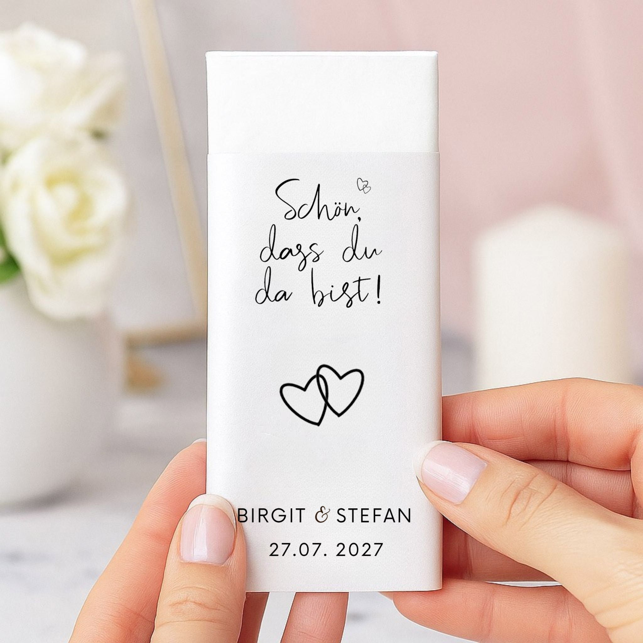 Personalisierte Freudentränen-Taschentücher „Schön, dass du da bist“ mit Namen und Hochzeitsdatum