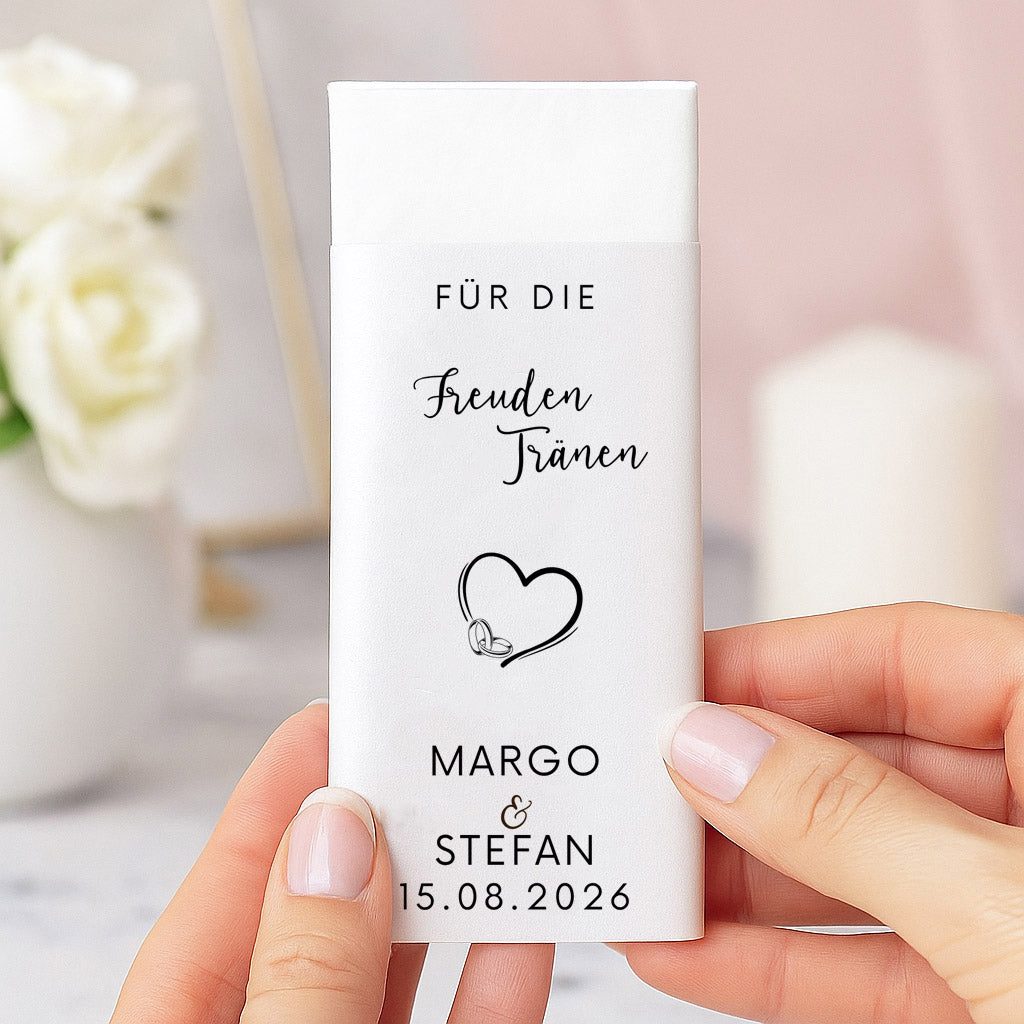 Personalisierte Freudentränen-Taschentücher zur Hochzeit mit Namen und Datum