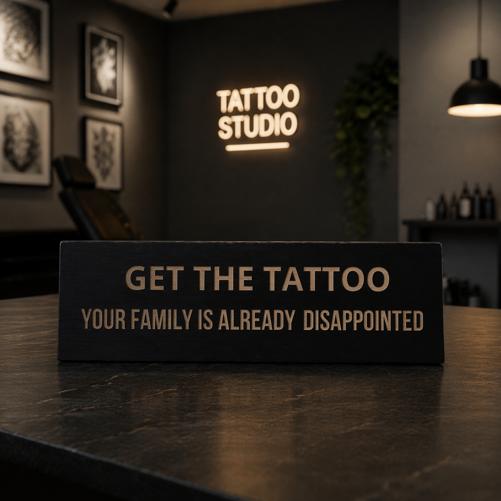 Tattoostudio Einrichtung
Tattoo Geschenk
Tattoo Spruch
Lasergraviertes Schild