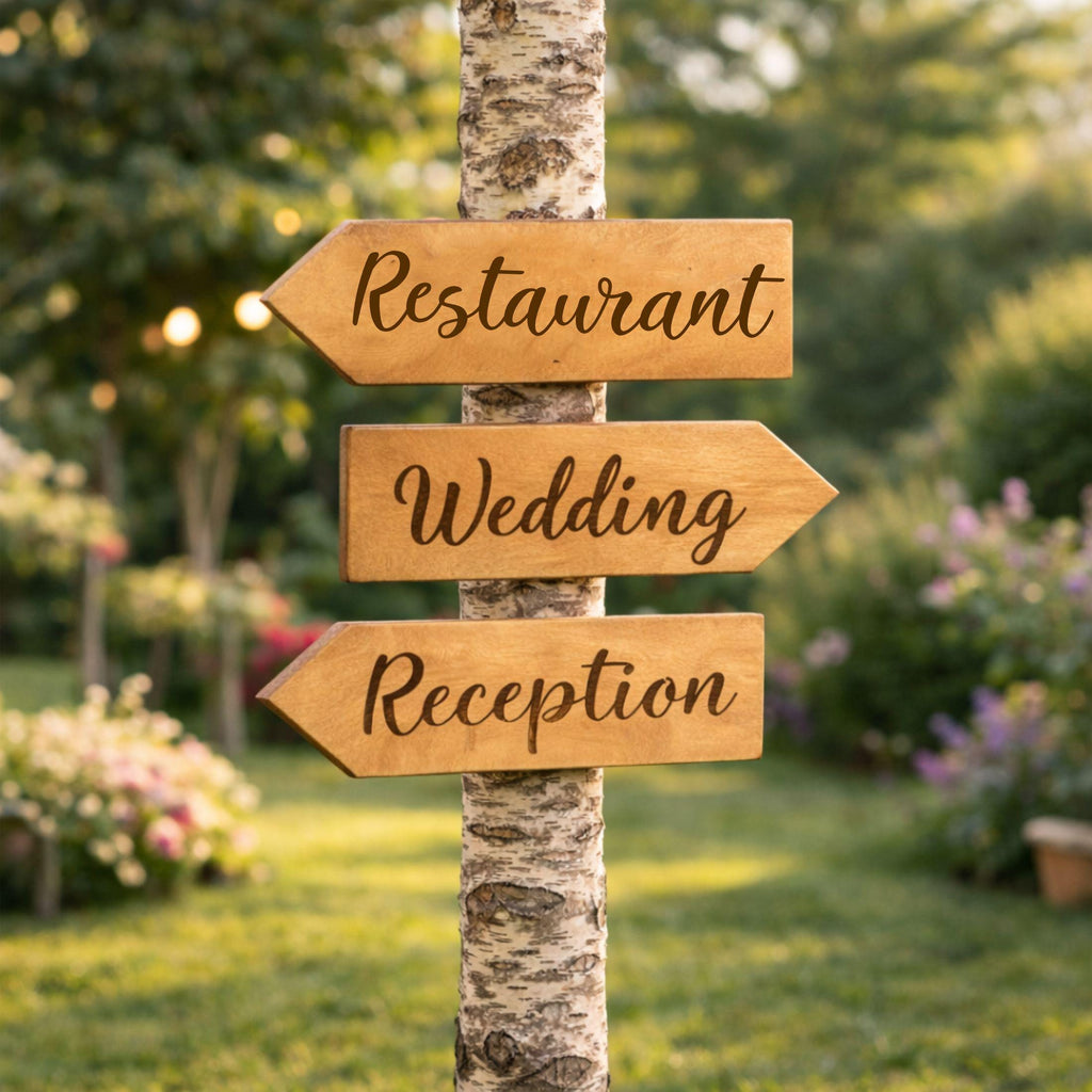 Drei gravierte Holzpfeile mit den Aufschriften Restaurant, Wedding und Reception im Garten
