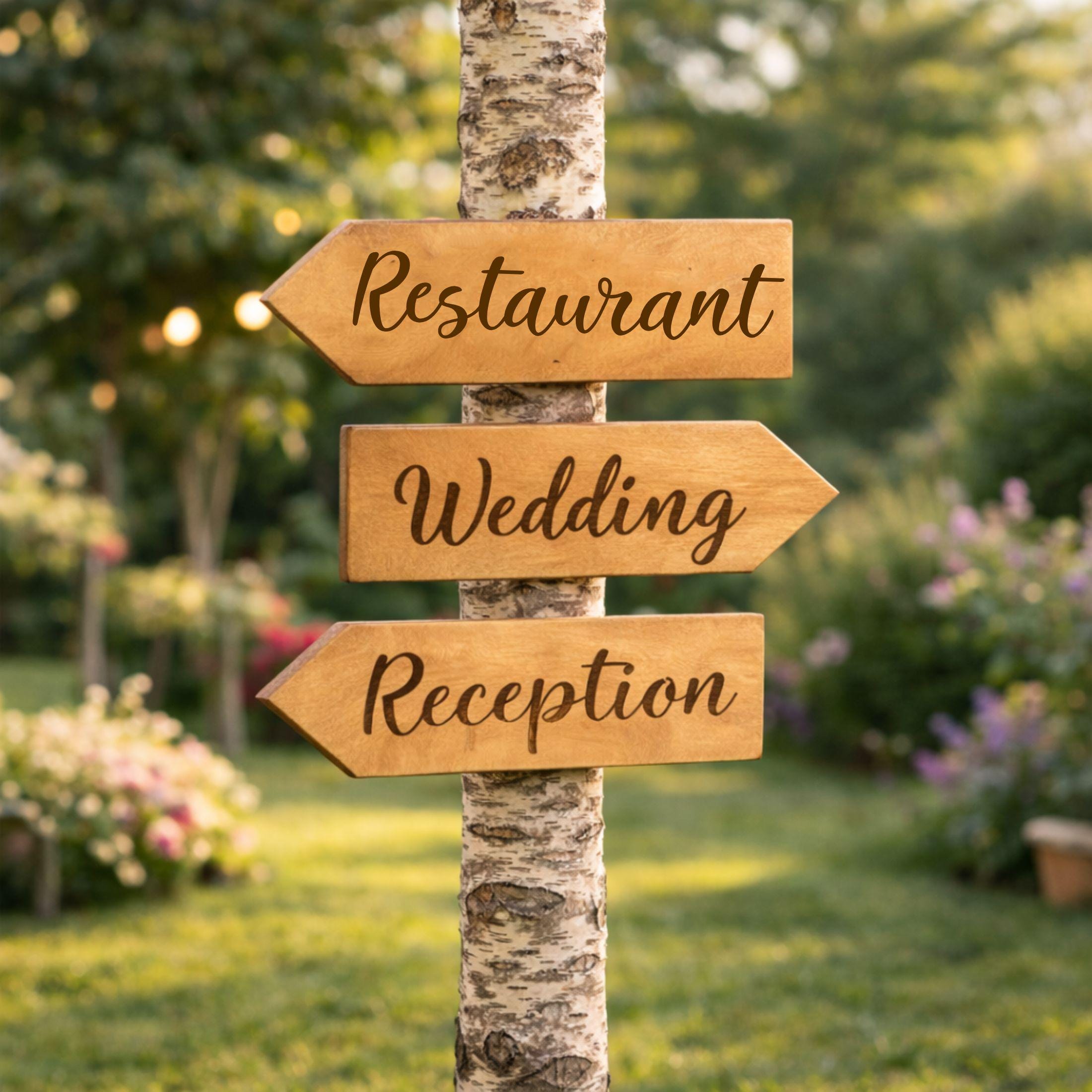 Drei gravierte Holzpfeile mit den Aufschriften Restaurant, Wedding und Reception im Garten