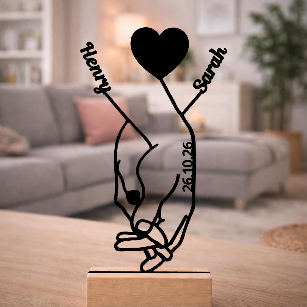 Personalisiertes Paar-Porträt als Linienkunst auf Holz – Produktansicht 5