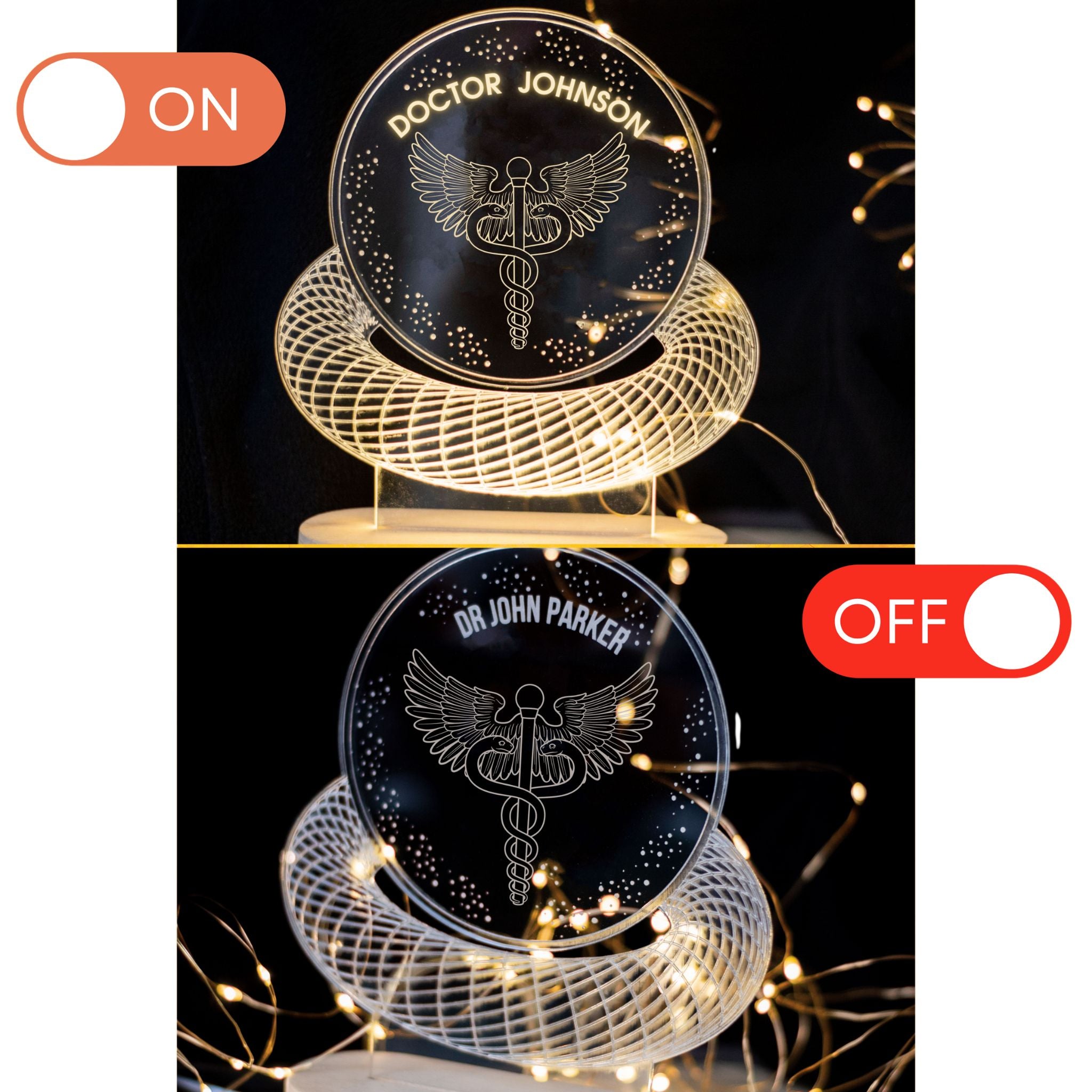 Abmessungen der personalisierten LED-Lampe für Ärzte und Apotheker on off