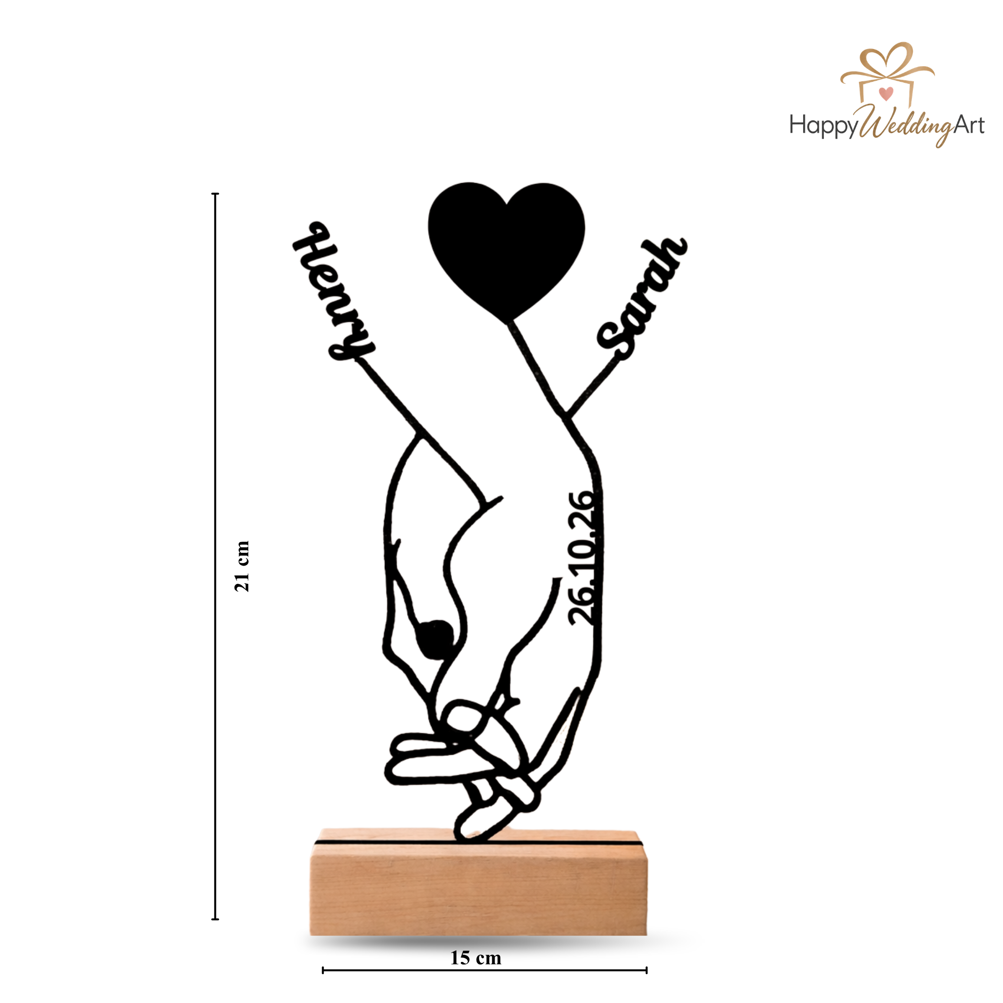 Freistehendes Paar-Schild mit schwarzem Holzmotiv und natürlichem Holzsockel