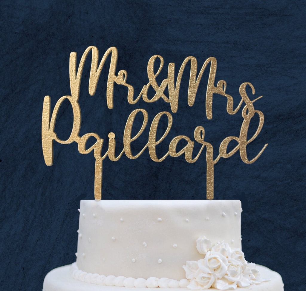 Goldfarbener Cake Topper Mr & Mrs mit personalisiertem Nachnamen