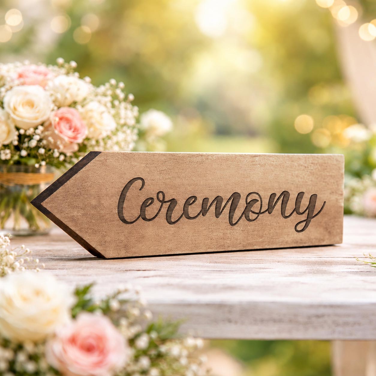 Personalisierter Holzpfeil zur Hochzeit fuer draussen tabelle mit wuschtext