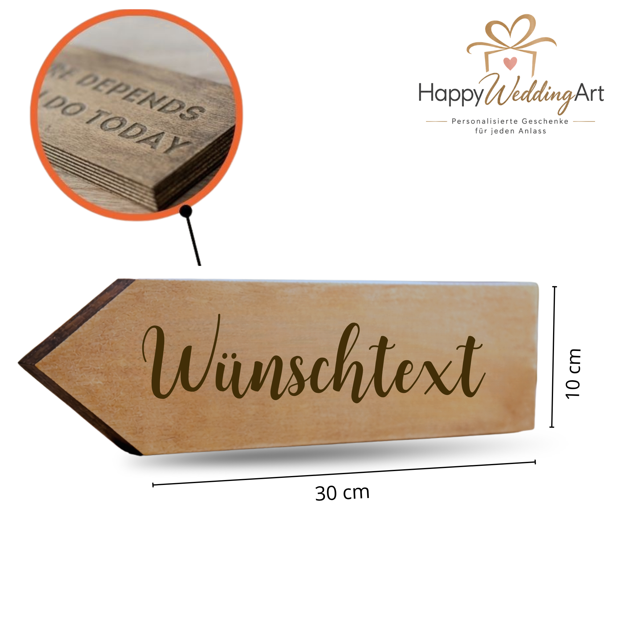 holzpfeil zur Hochzeit mit den Maßen 30 × 10 × 2 cm