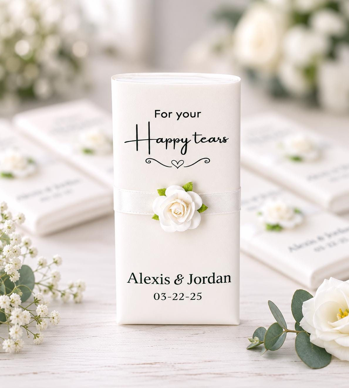 Personalisierte Freudentränen-Taschentücher zur Hochzeit mit Namen und Datum