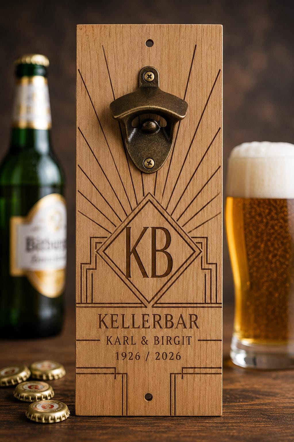 Personalisierter Holz-Flaschenöffner beim Öffnen einer Bier